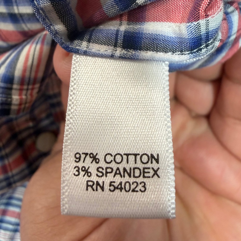 Banana Republic Mens Western Pearl Snap Plaid Shirt Red White Blue Large Stretch - Picture 11 of 12